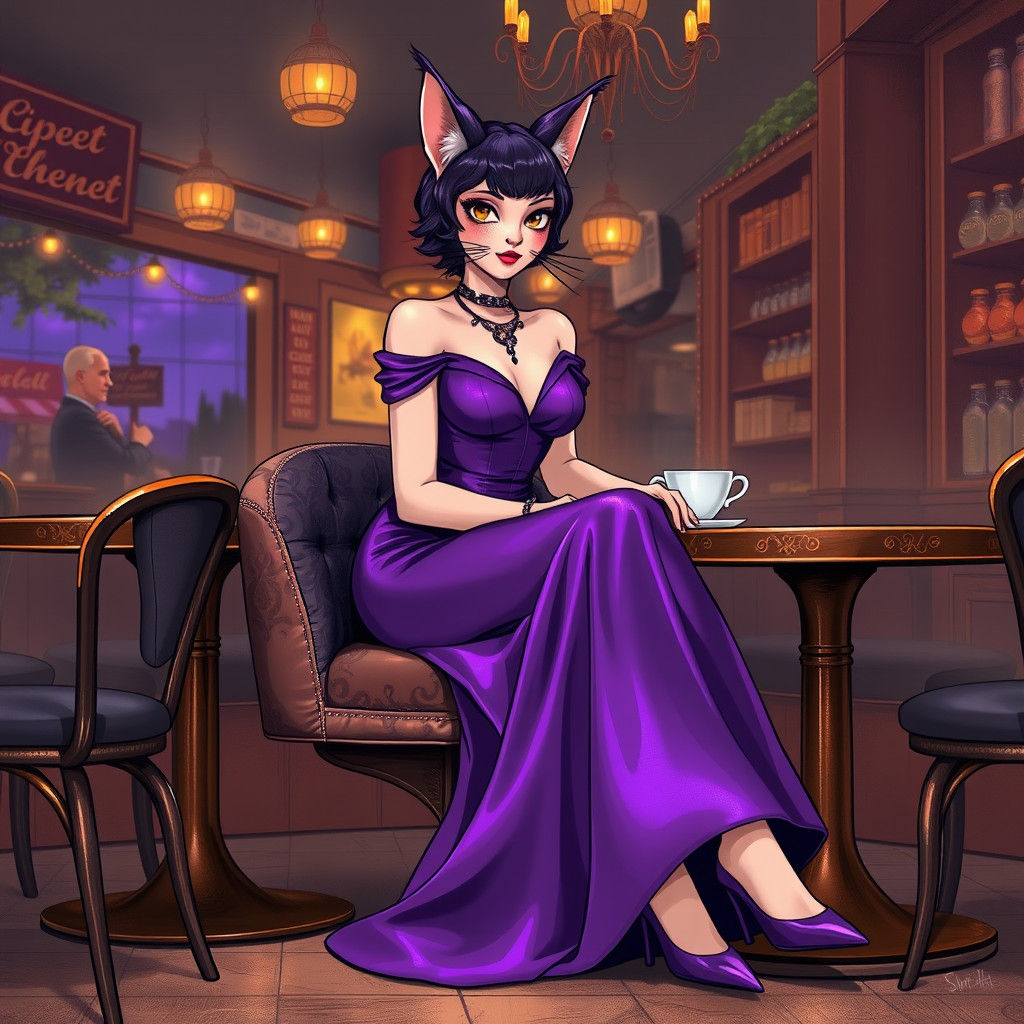 Elegant Cat Woman in Purple Gown, Digital Art