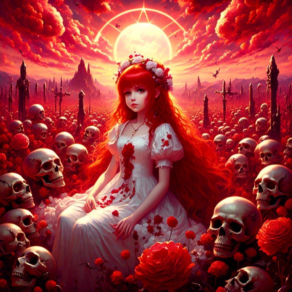 Anime Girl in Flower Field, Golden Hour