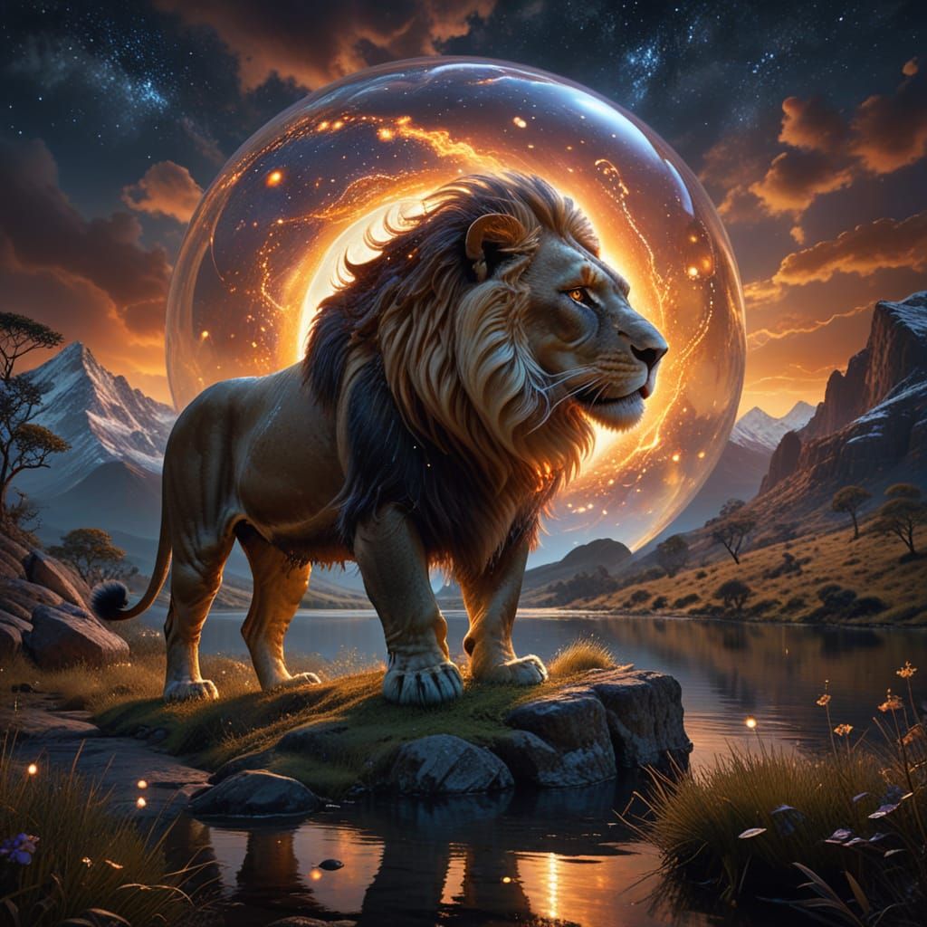 Cosmic Lion Orb in Surreal Celestial Landscape