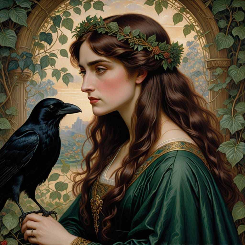 Mystical Raven-Haired Queen Portrait in Pre-Raphaelite Style