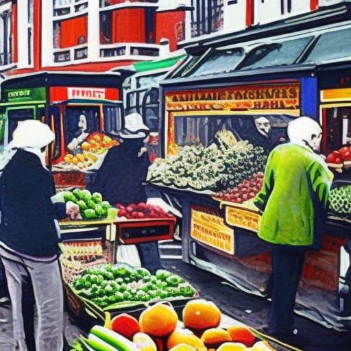Busy London Market with Fruit and Veg Sellers