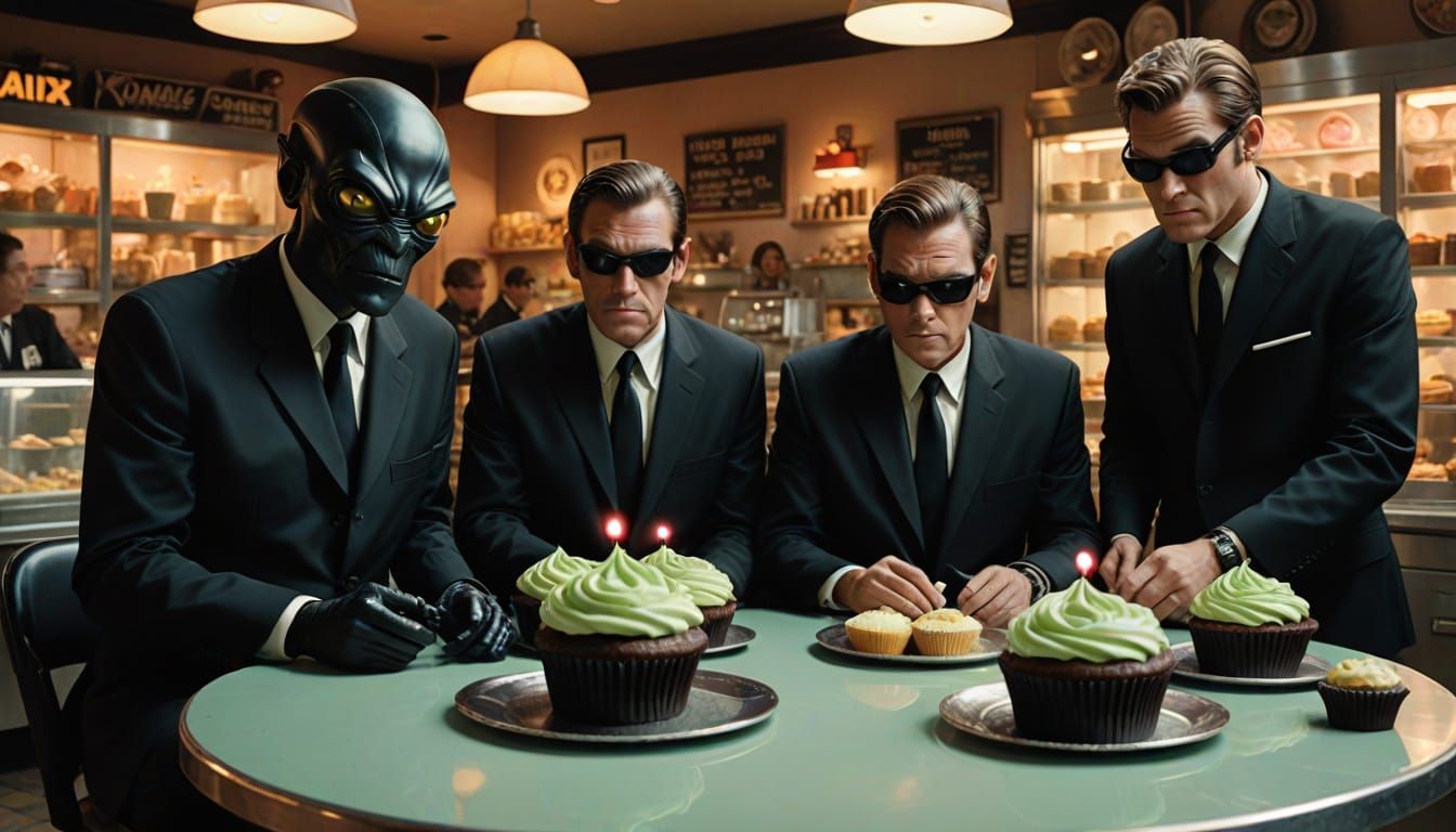Men in Black Interrogation in a Quirky Cake Shop