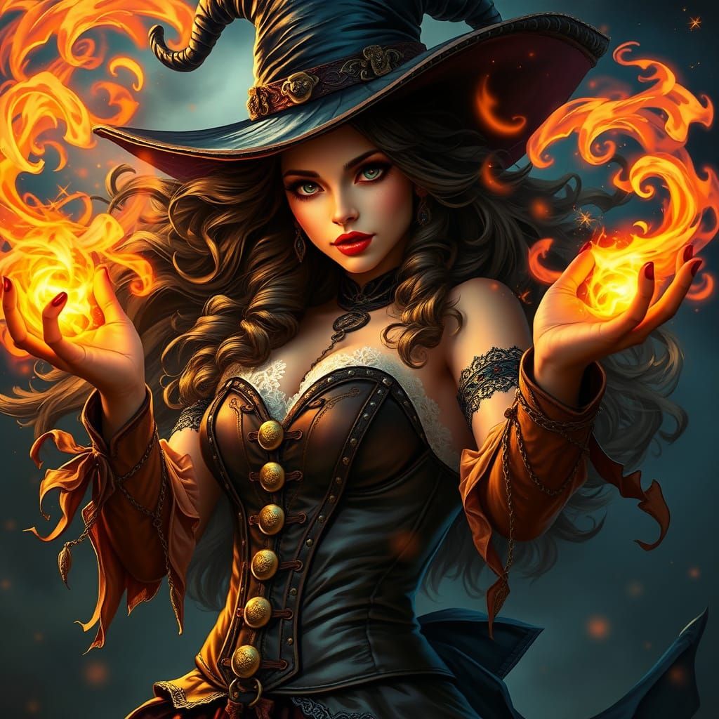 Beautiful Witch Casting Swirling Fire Magic
