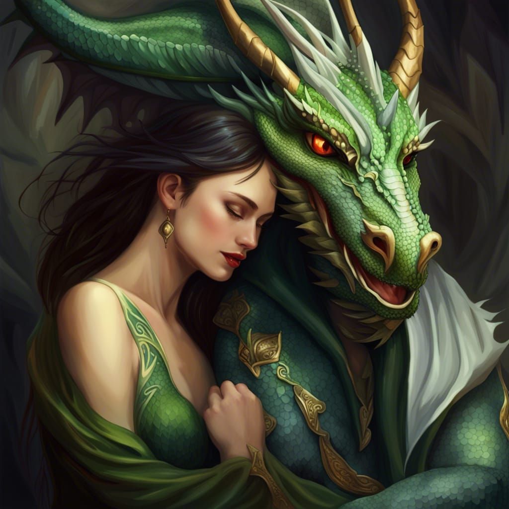 Dragon and Woman in Gentle Embrace