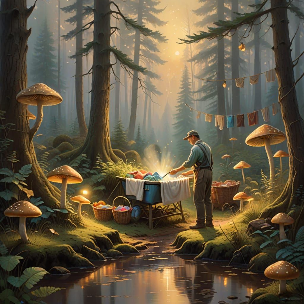 Father Doing Laundry in Ethereal Forest