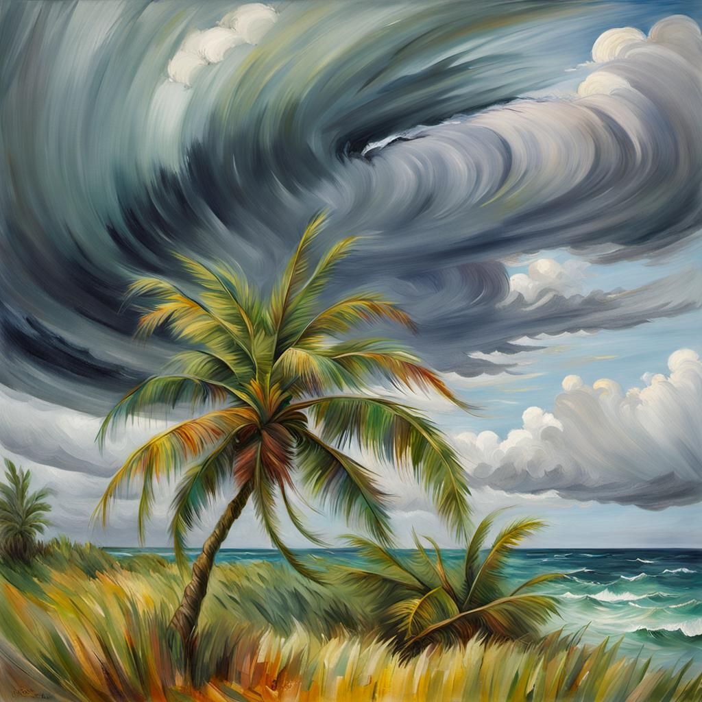 Lonely Palm Tree in Hurricane, Impressionist Style