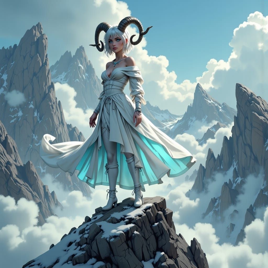 Anime Goat-Woman on Mountain Peak