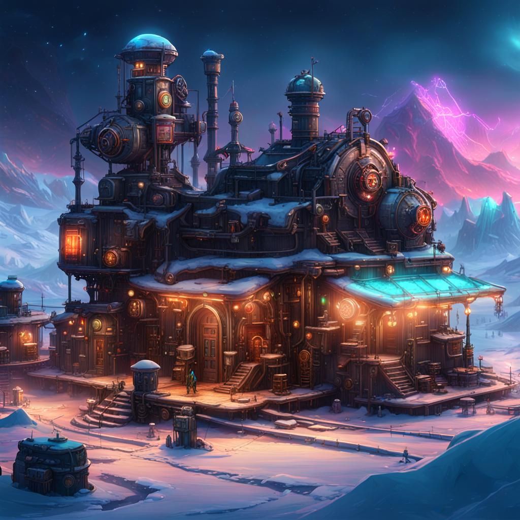 Vibrant Steampunk Outpost in Frostbitten Tundra