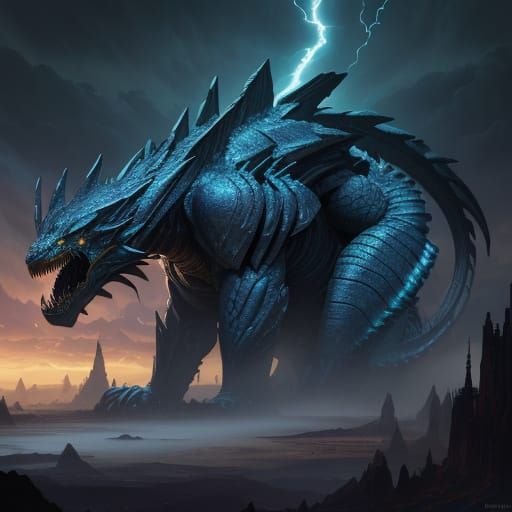Surreal Dark Fantasy Thunder Serpent Unleashes Lightning Fur...
