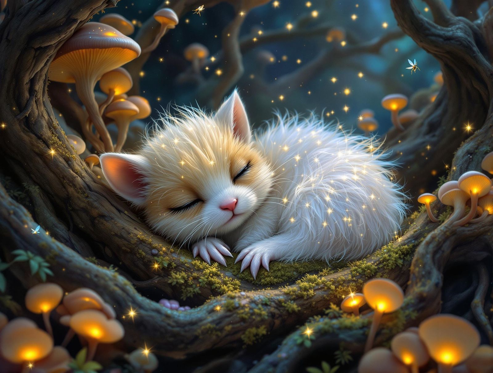 Nestled amongst luminous fungi and twisting, gnarled roots, ...
