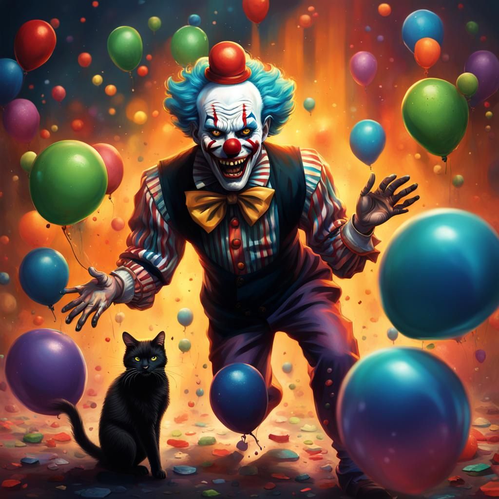 Scary Clown Upset by Black Cat: Hyperrealistic Art