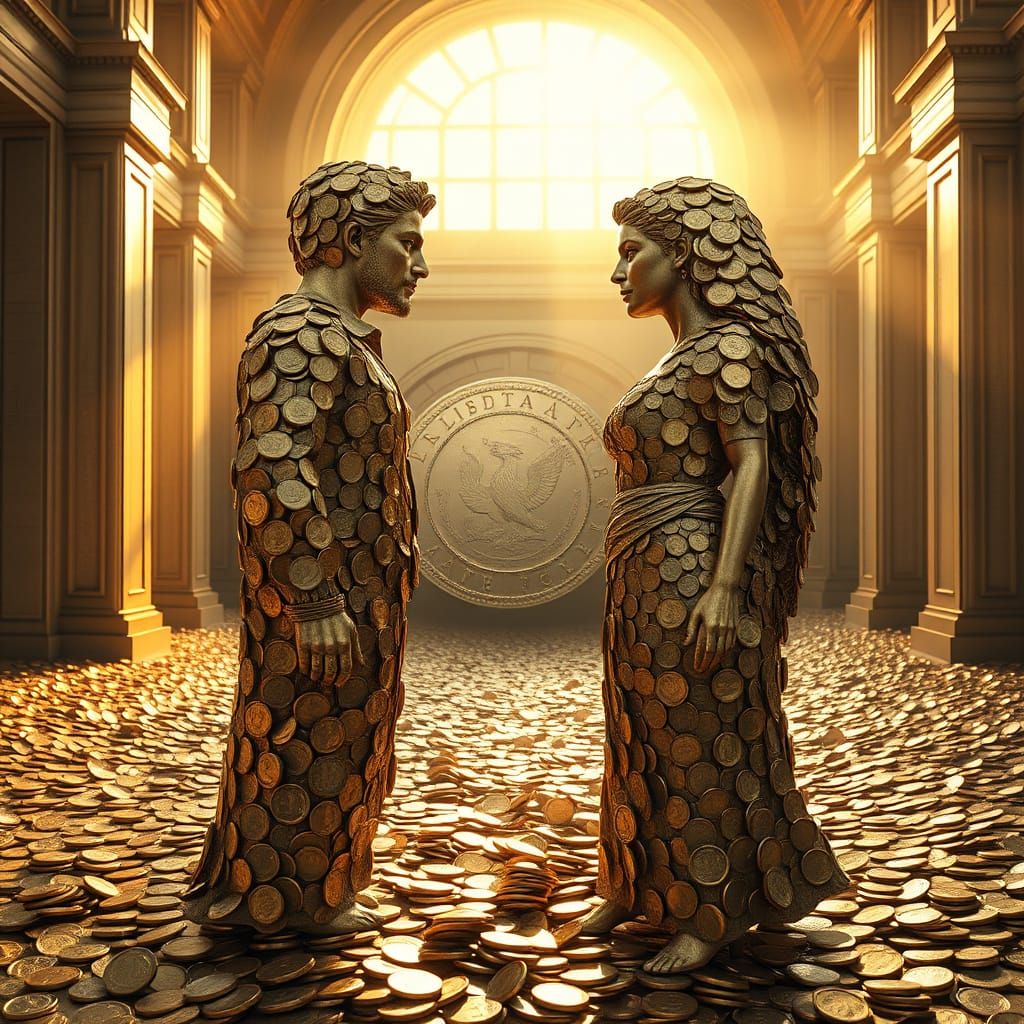 Golden and Silver Coin Humans Face Off in a Sunlit Hall