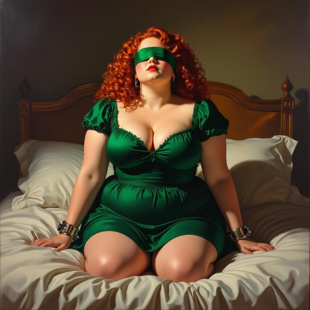 Baroque Painting of Blindfolded Woman Kneeling on Bed
