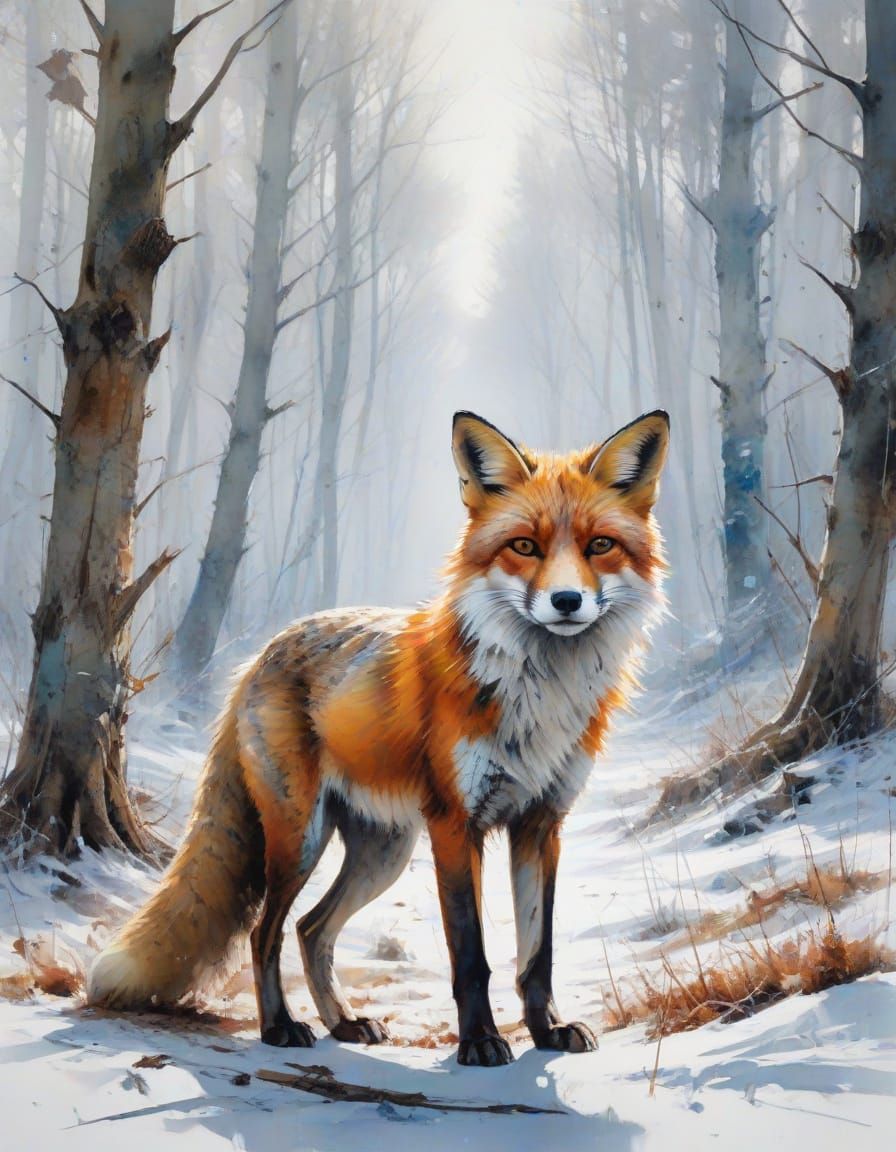 Winter Forest with Blue LED Light, Watercolor Style