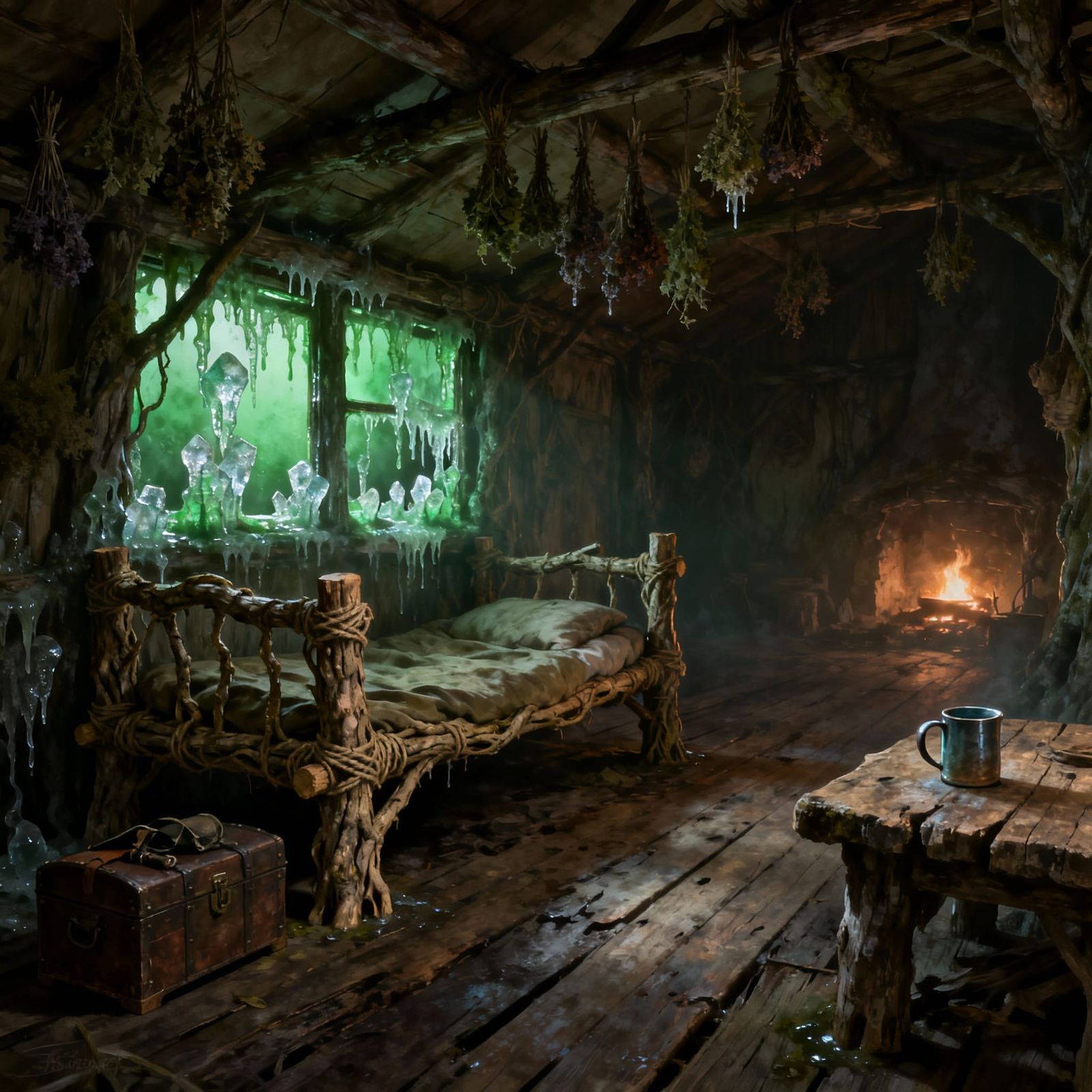 Druidic Hut Interior: Grim Bunk Bed & Slime Windows