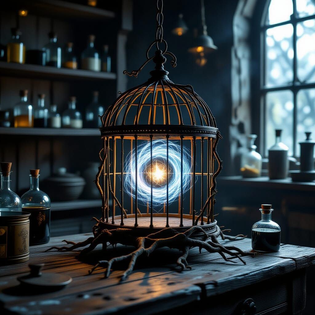 Antique Root Birdcage Holds Energy Vortex in Alchemist's Wor...