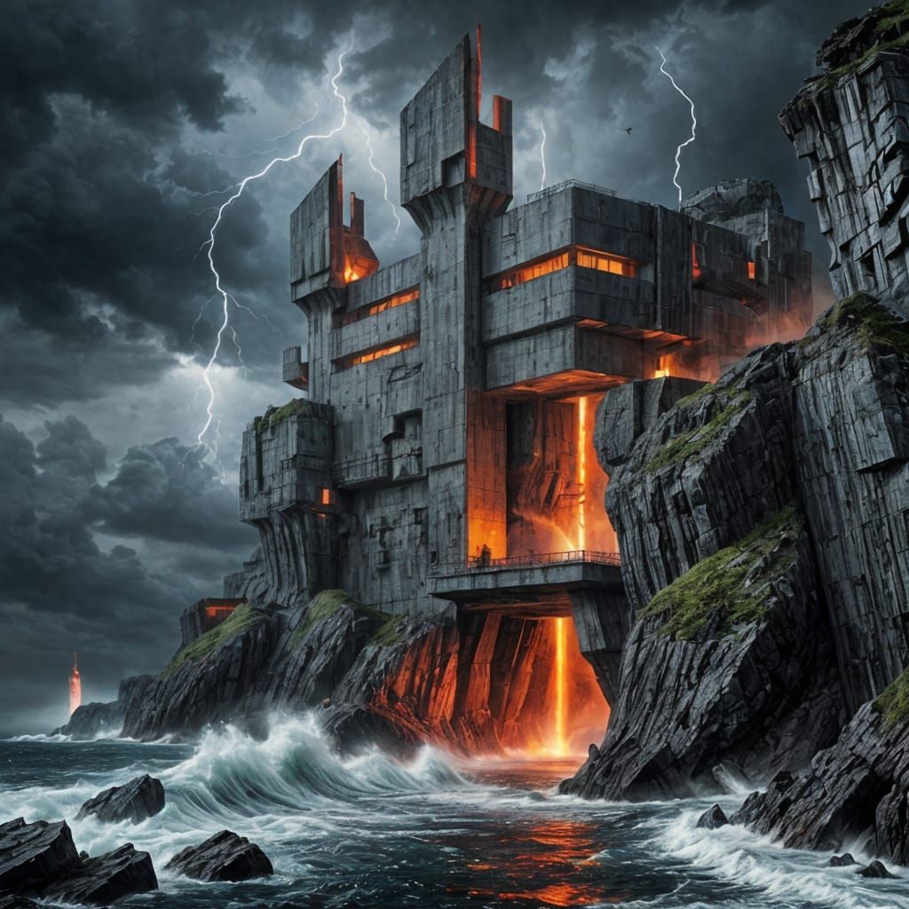 Supervillain Lair on Stormy Coastline in Oil Painting Style