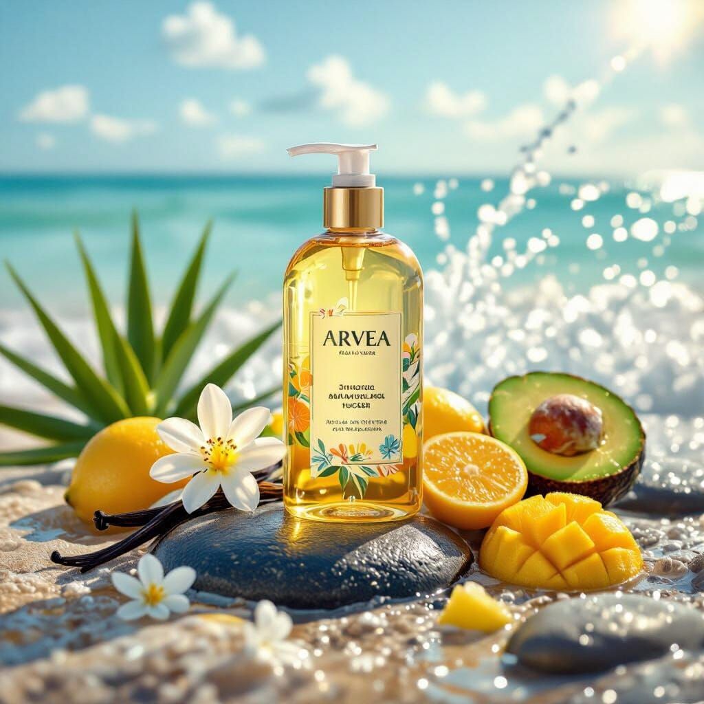 ARVEA Shower Gel on Beach Stones with Tropical Fruits