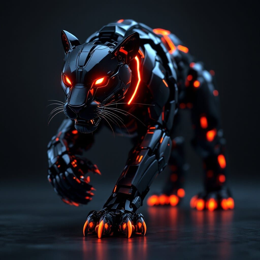 Cyberpunk Panther: Dark, Mechanical Form Prowls Under Neon L...