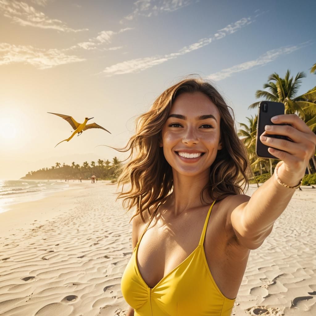 Woman's Beach Selfie with Pterosaur Visitor