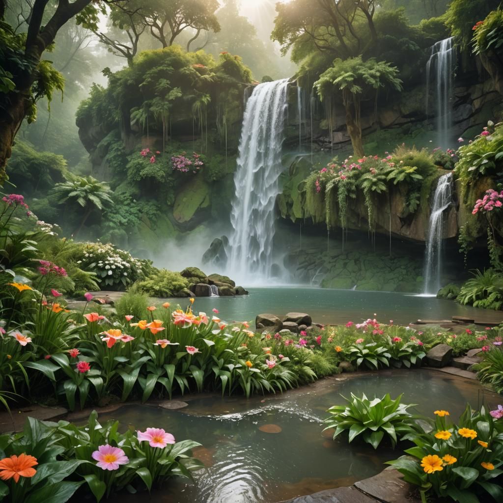 Fantasy Landscape with Towering Waterfall in Romantic Style