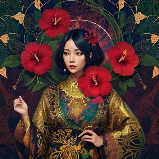 Elaborate African Batik Hibiscus Flower Illustration