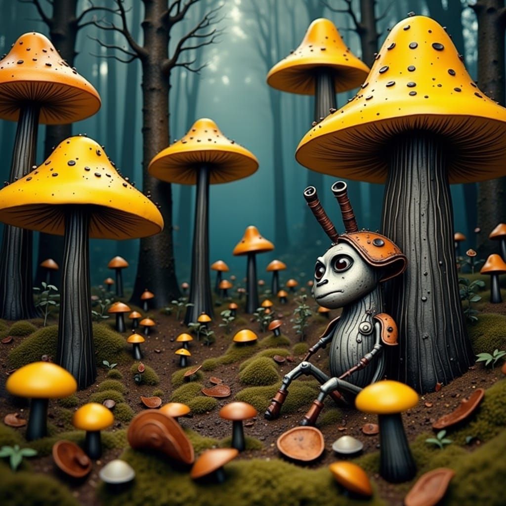 Anthropomorphic Mushrooms in Black and Silver Forest