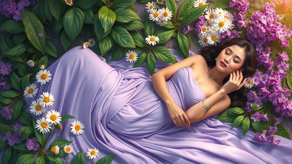 Woman in Lavender Dress Amidst Flowers