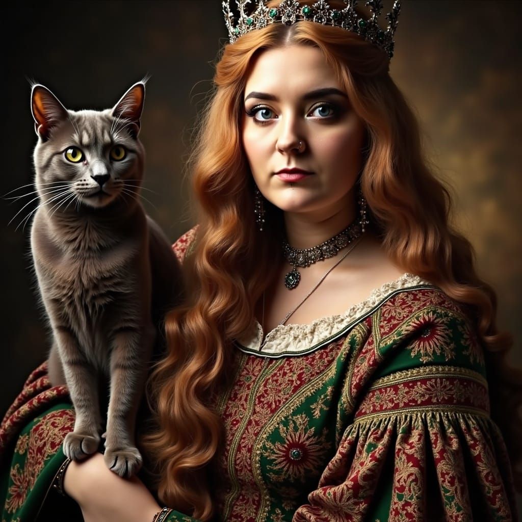 Medieval Queen Holding a Black Cat in a Dark Castle