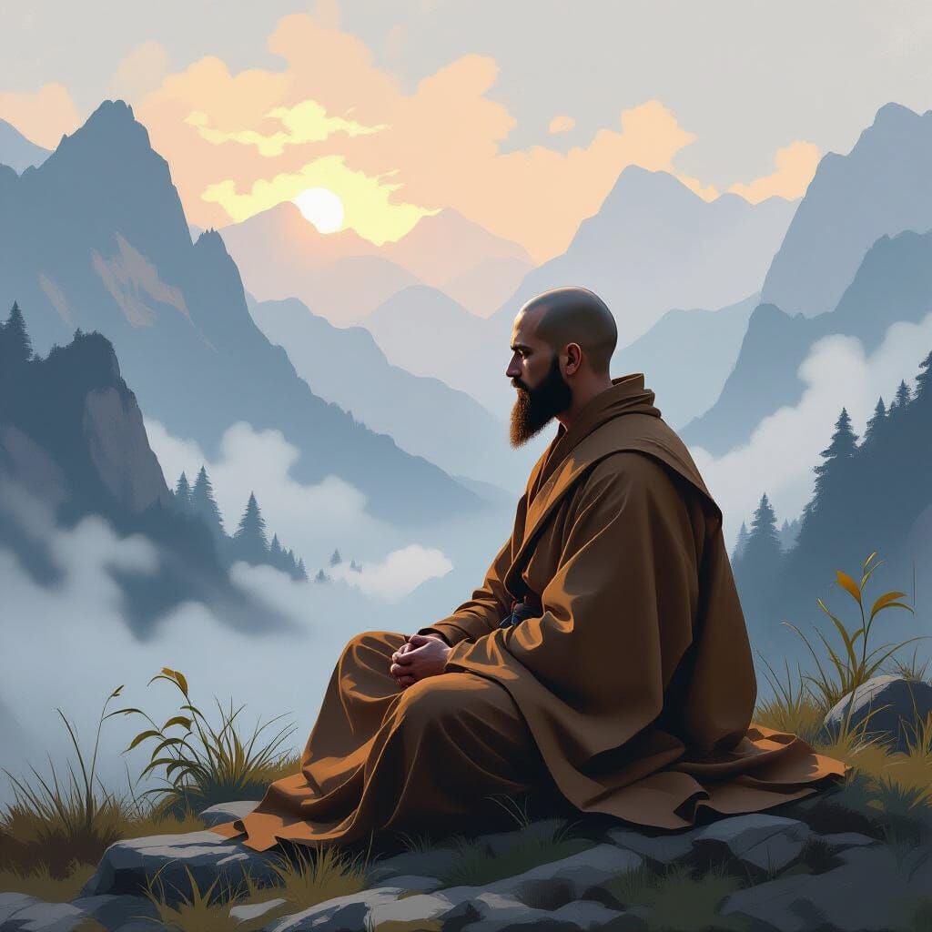 Serene Monk Meditating in Misty Mountains