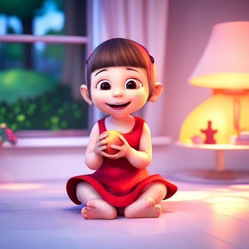 Baby Girl Laughing with Ball: 3D Digital Art