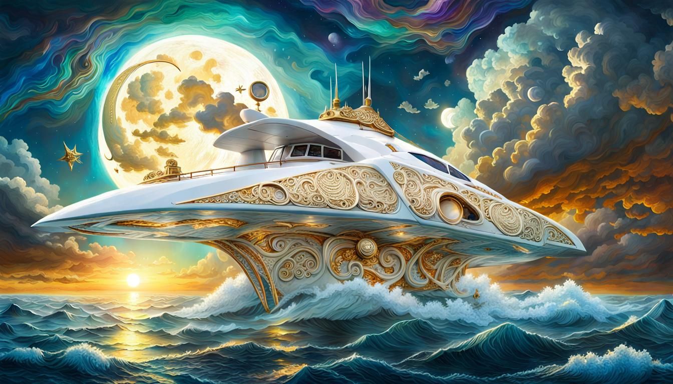 Futuristic Trimaran with Gold Filigree in Stormy Seas