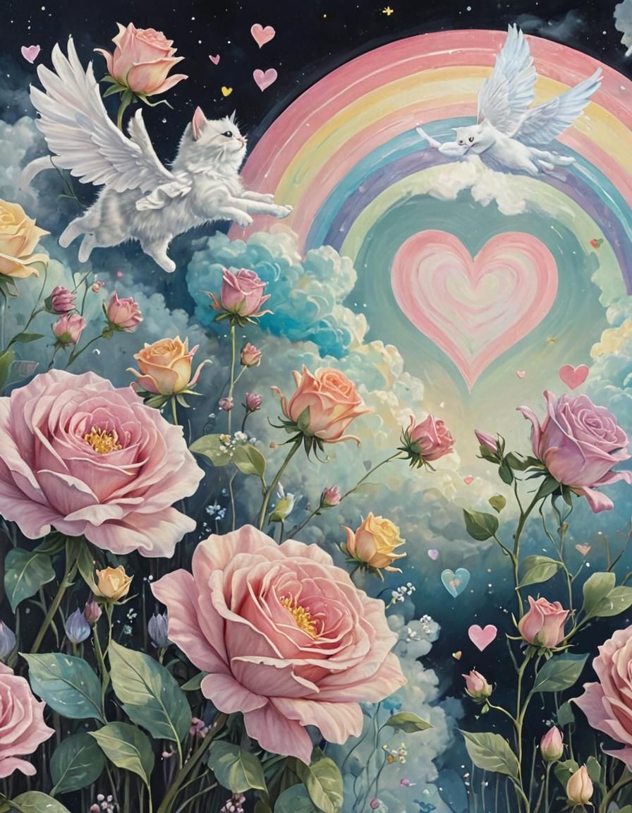 Cat Angels Fly on Rainbow Sky in Renaissance Style