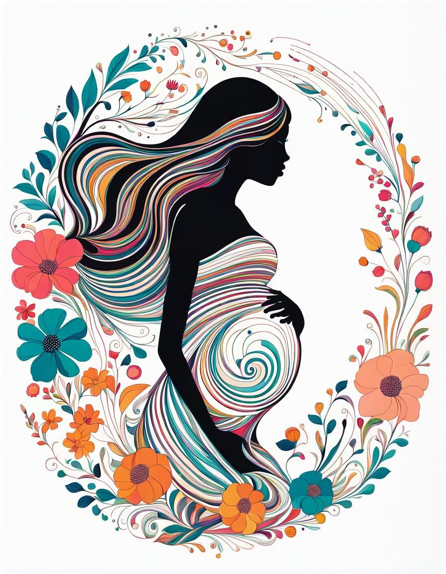 Elegant Line Art: Pregnant Woman in Floral Design