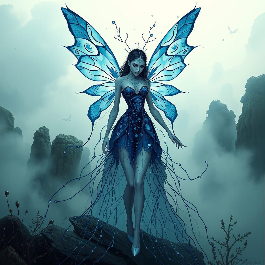 hyper-realism, minimal neurographica art, portrait, sinister-chic cyberpunk fairy, wearing sapphire blue dress, neural c...