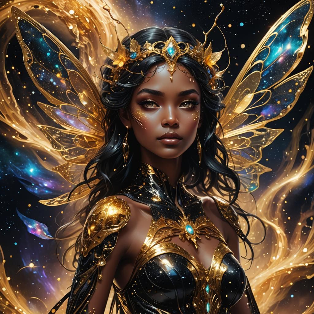 Shimmering Gold Fairy in Cosmic Astral Scene