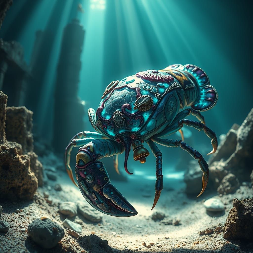 Bioluminescent Lobster Exploring Sunken City Ruins