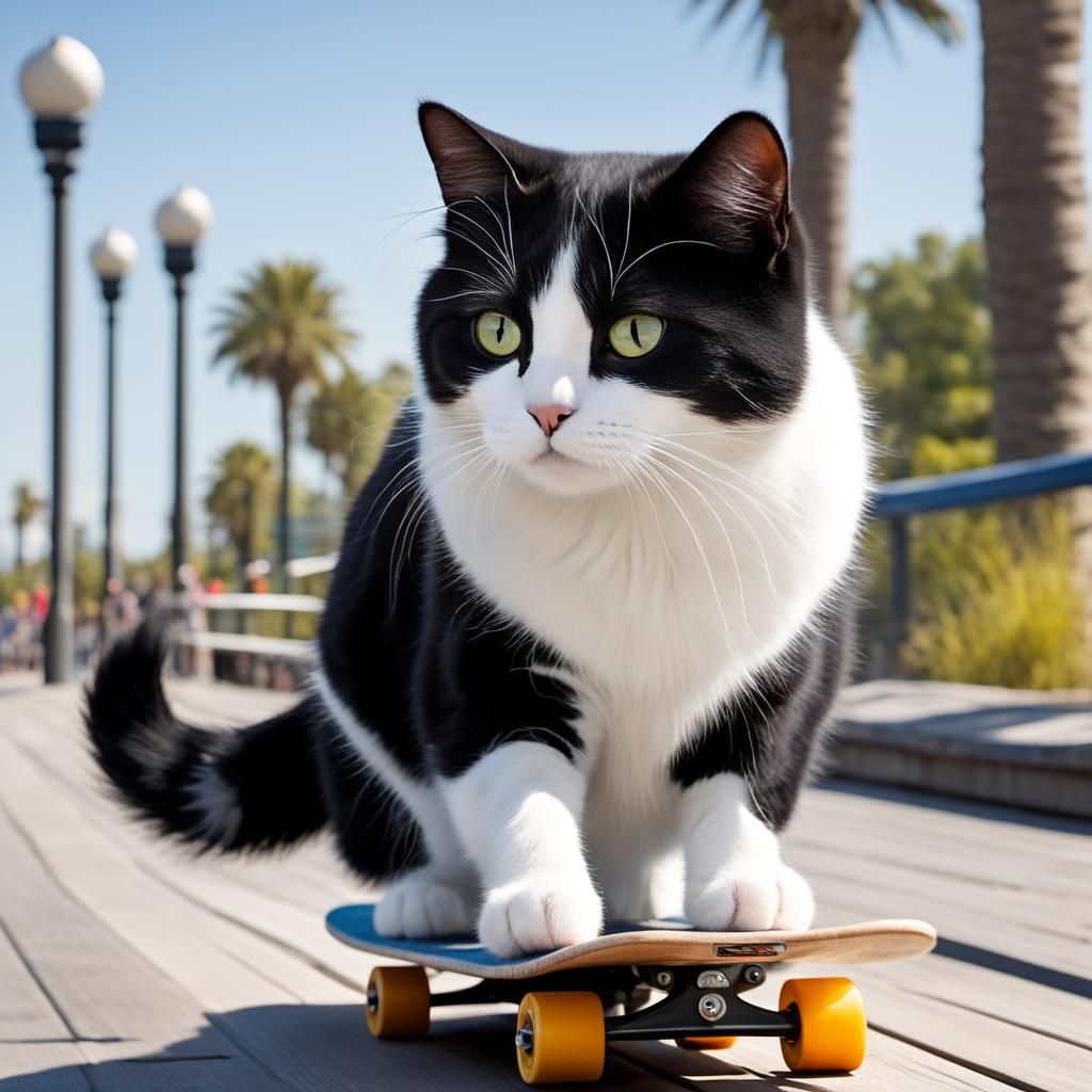 Black and White Cat Skateboarding on Boardwalk
