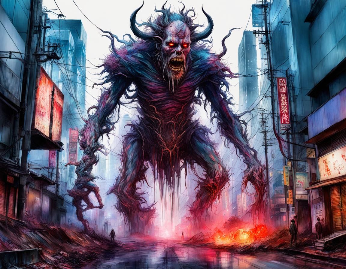Macabre Cronenberg Monster in Neon Tokyo Art Style