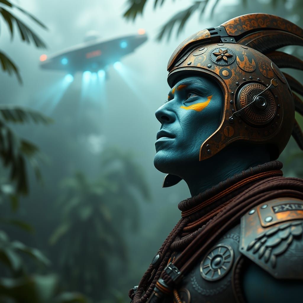 Aztec Cyberpunk Warrior in Misty Jungle