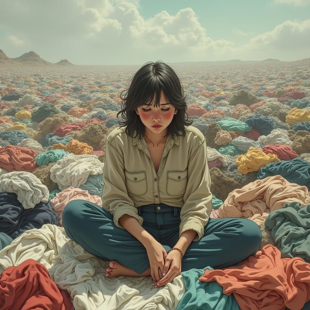 Weary Mother Surrounded by Endless Laundry in a Vibrant, Ani...