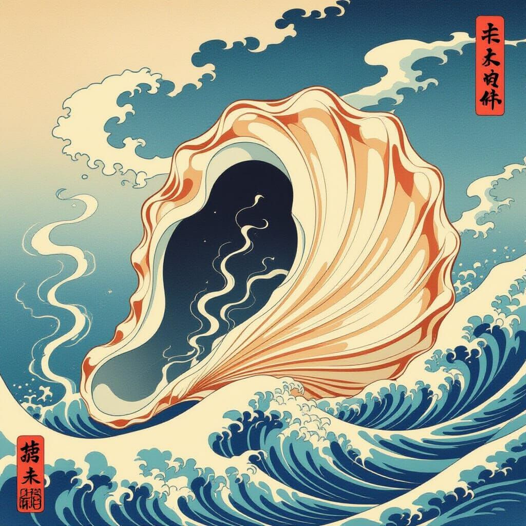 Ukiyo-e Ghost Seashell with Spectral Tendrils