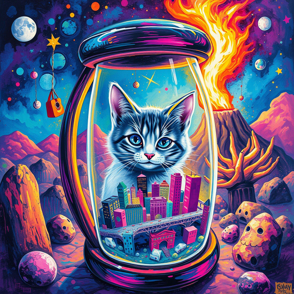 Surreal Cat Peering Through Hourglass Metropolis
