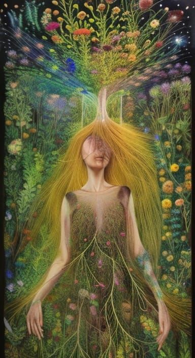Surreal Woman in Mycelium Network: Digital Art
