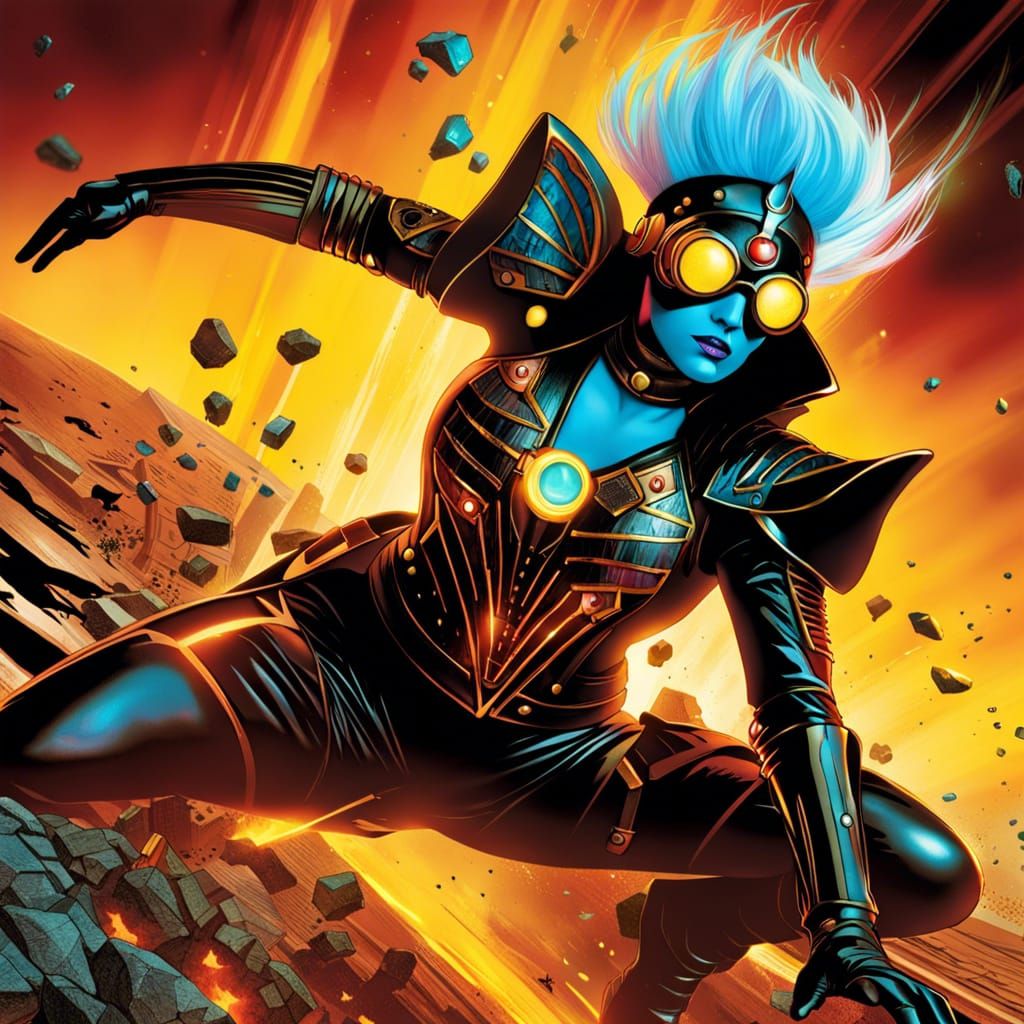 Steampunk Villainess Crashes to Earth in Tron Armor
