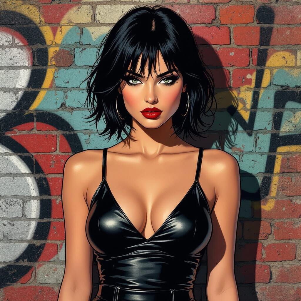 Woman Against Graffiti Wall in Gritty Urban Art Style