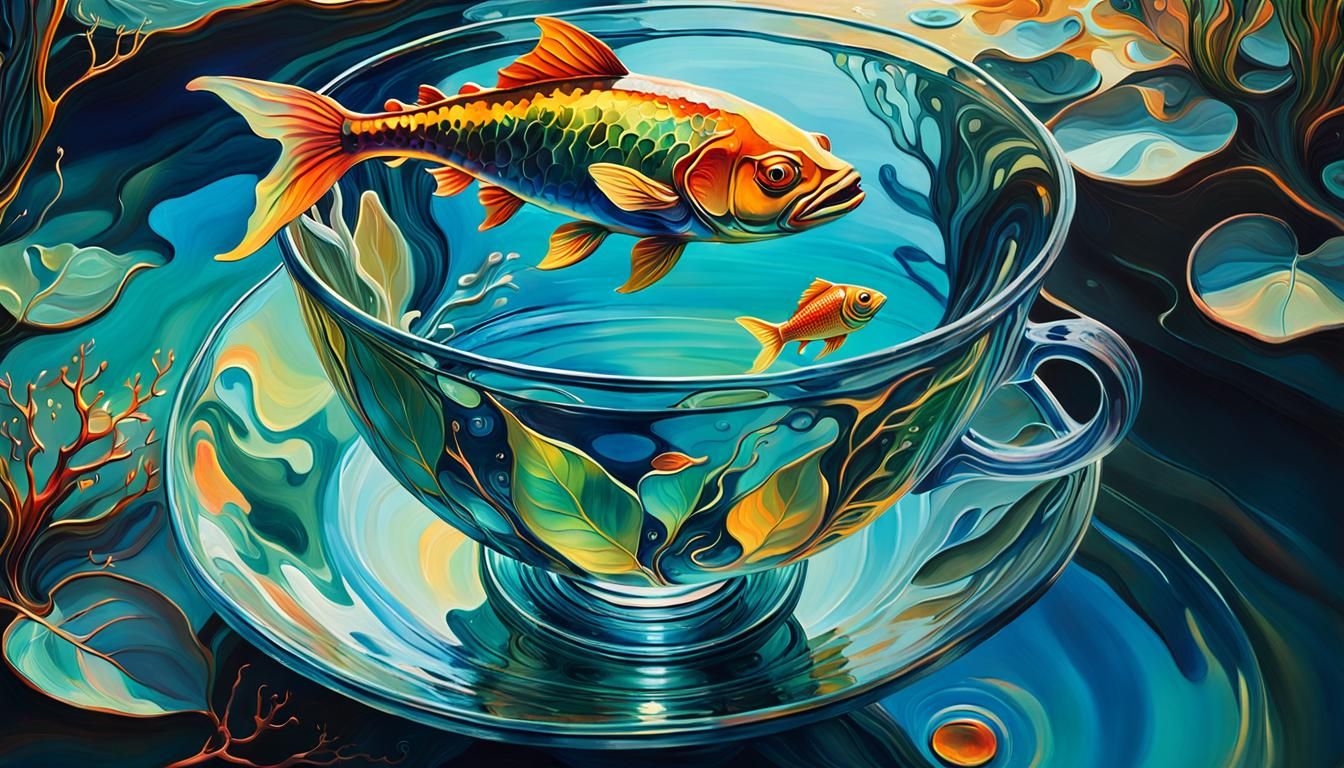 Surrealist Fish Dance in Leafy Cup