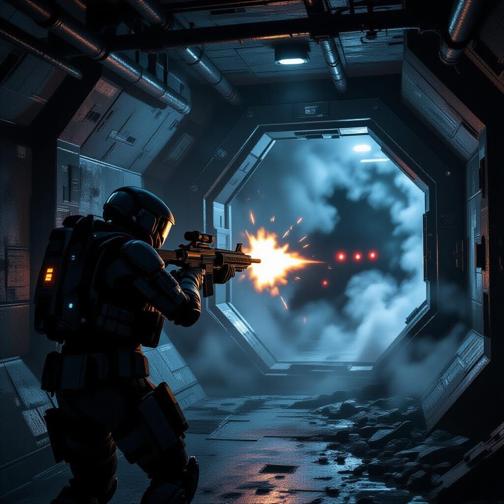 Soldier Confronts Horror in Dark Futuristic Corridor