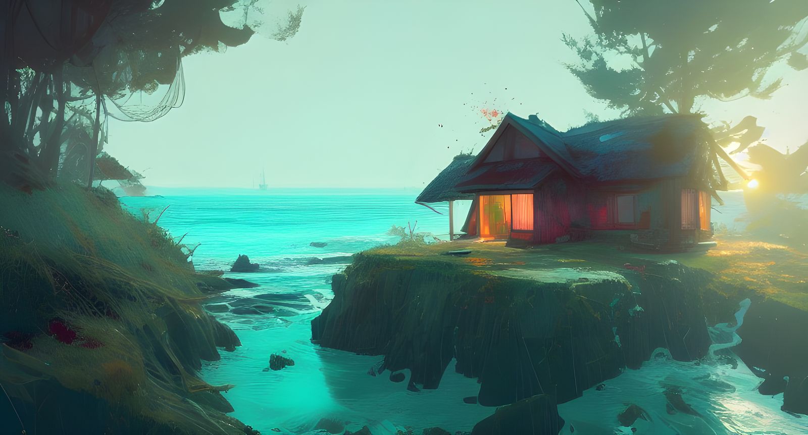 Ocean Cottage Digital Illustration in 8k
