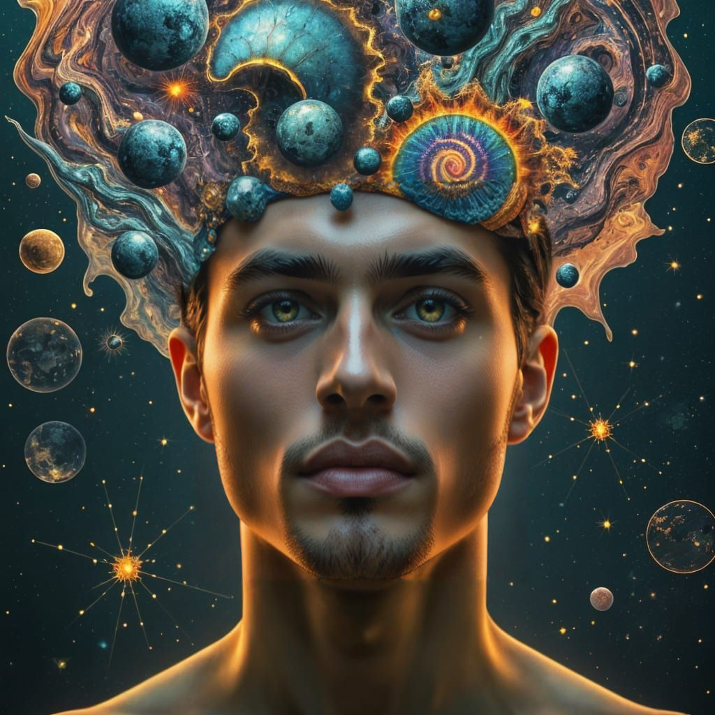 Surreal Portrait of a Cosmic Visionary in Vibrant Colors